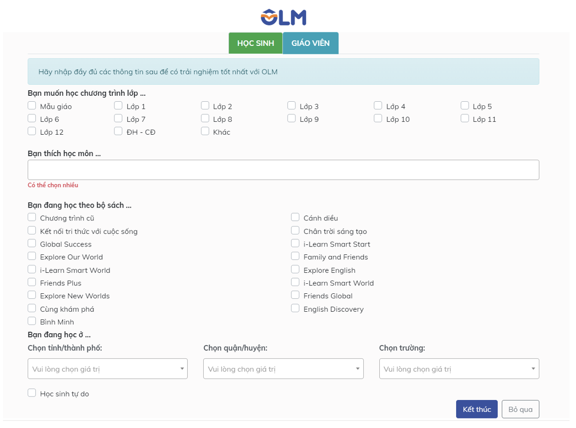 Đăng ký tài khoản học sinh trên OLM