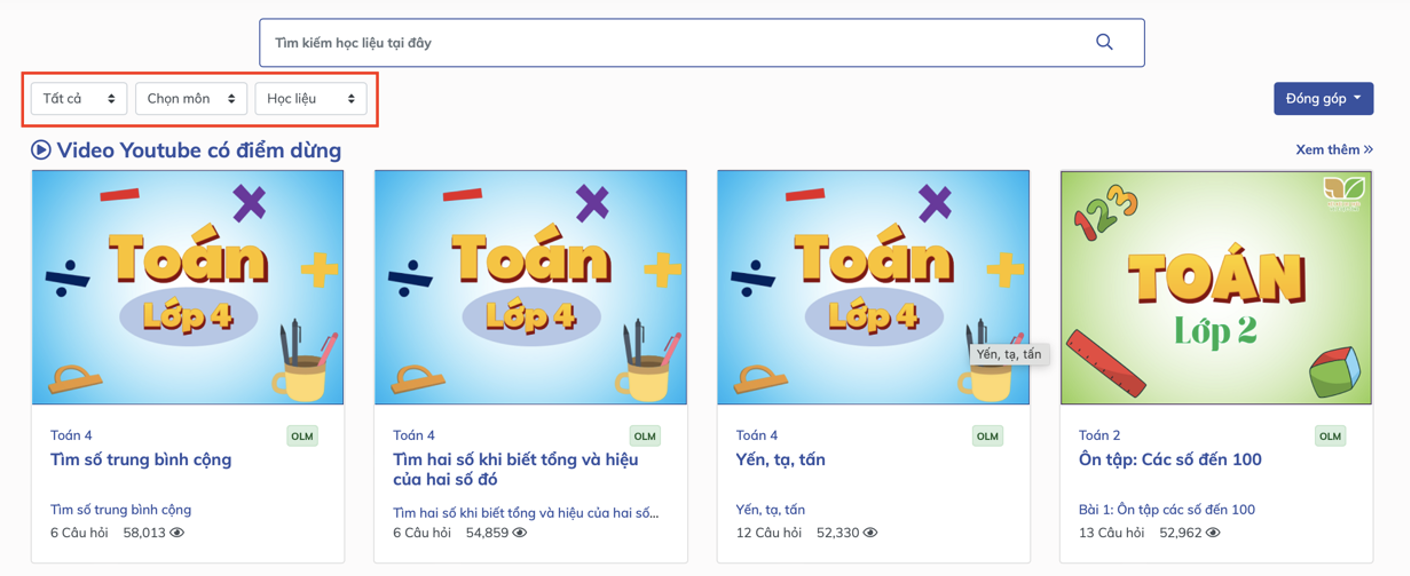 Tìm kiếm học liệu trên OLM