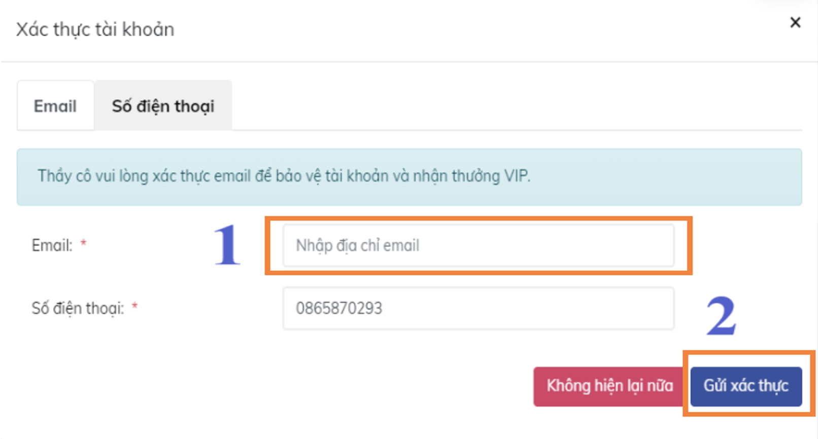 Xác thực email, số điện thoại trên OLM