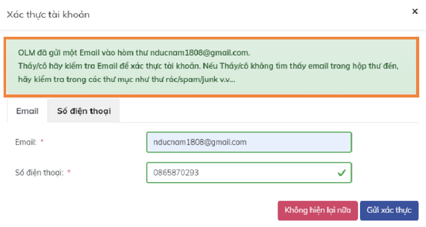 Xác thực email, số điện thoại trên OLM